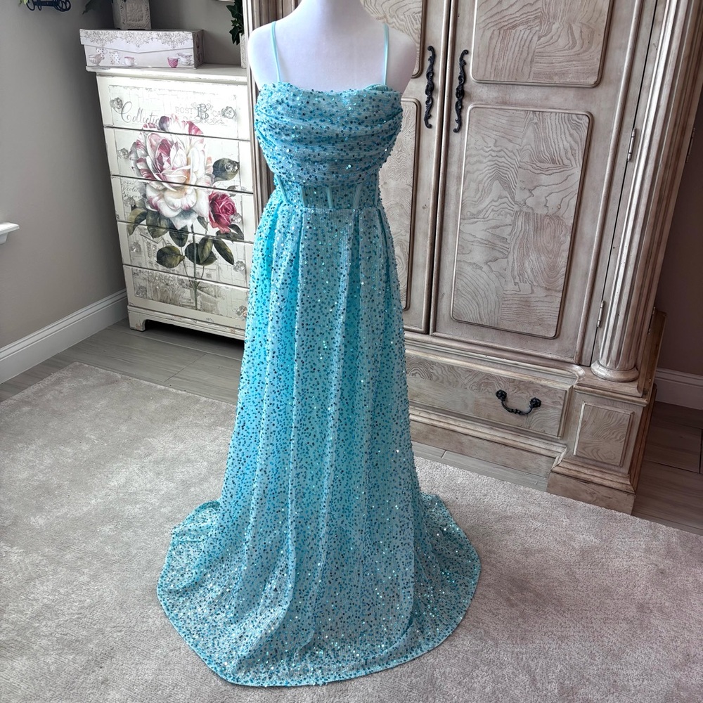 NEW Aqua Dress Cowl Neckline Seafoam Blue Strapless Prom Dress NWOT Size L/12 - Picture 3 of 12